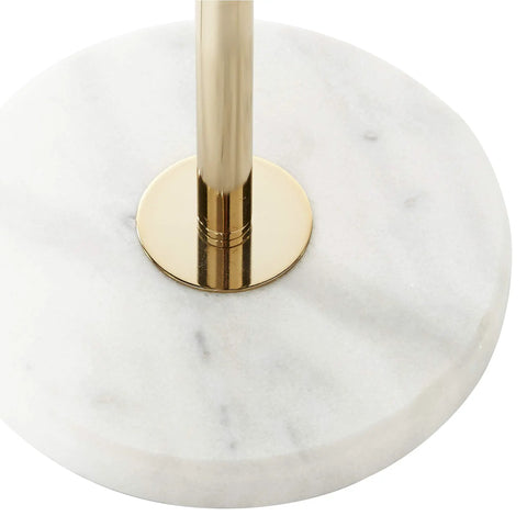 Tall Metal Floor Lamp With Round Ribbed Shade For Living Room base detail, white marble base, polished gold stem, contemporary design