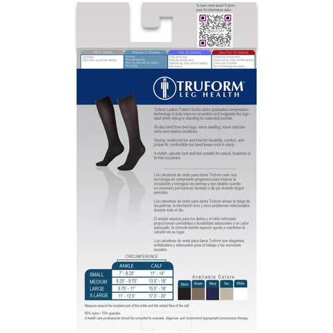 Women Knee High Compression Socks 15-20 MmHg Moderate Graduated Support Lightweight Breathable Rib Knit Dress Stockings In Brown with product details and size chart.