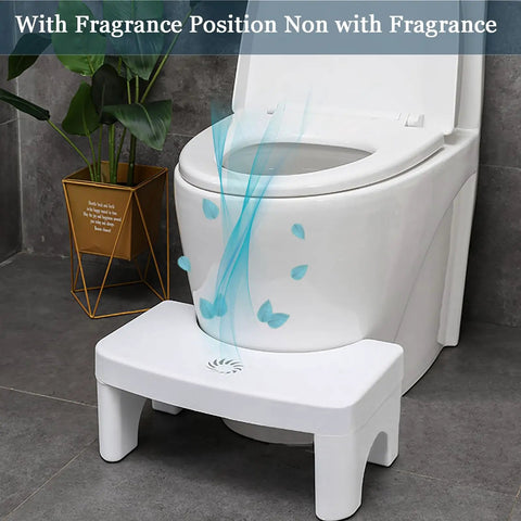 7 Inch Height Toilet Stool For Adults with fragrance slot placed in front of a toilet in bathroom setting.