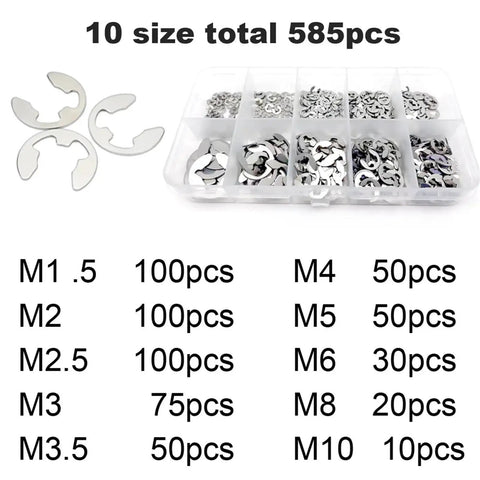 585 And 1005 Piece M1.2 To M15 External Retaining Ring Kit, assorted sizes of snap circlips in a transparent box