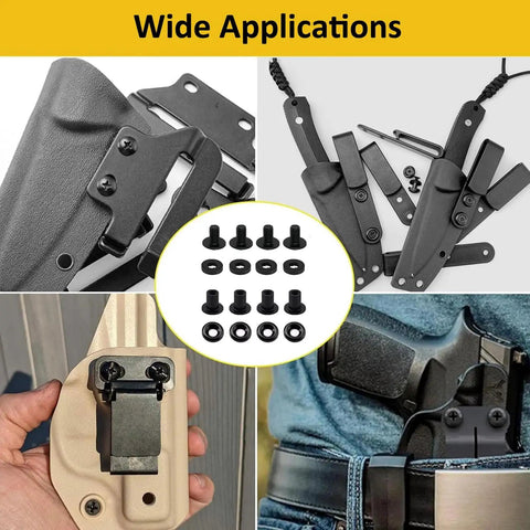 Heavy Duty Chicago Screws One Quarter Inch Twenty Pack Holster Screw Kit For Diy Kydex Belts And Leather Clips shown in use with holsters.