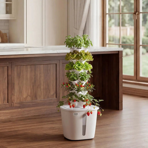 Vertical Hydroponic Tower With 6 Tiers And 30 Pods, App Controlled Indoor Garden with herbs and fruits in a modern kitchen