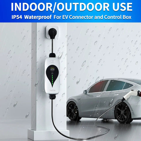 SAE J1772 Portable Level 2 EV Charger 32 Amp 90 To 260 Volt 7 KW Wall Connector With NEMA 10 30 Plug indoor use with EV.