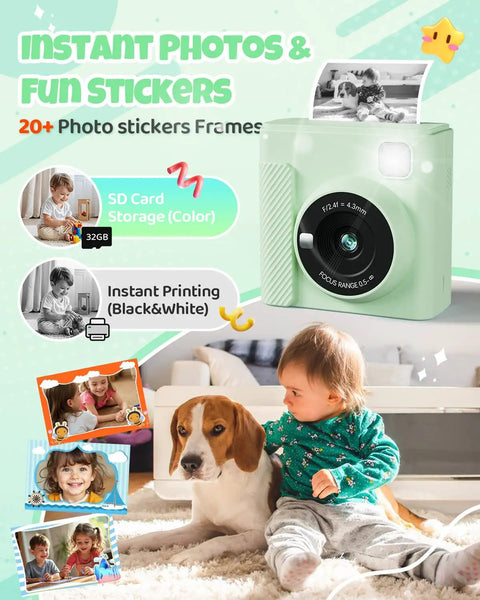 Kids Instant Print Camera With 1080P HD Video, Green Toy For Snaps And Printing, Portable Digital Camera For Playtime, Frames, Music, Games, Flashlight, Black And White Print Mode, Kid Friendly And Sturdy Design showing 32GB storage and printed photo frames