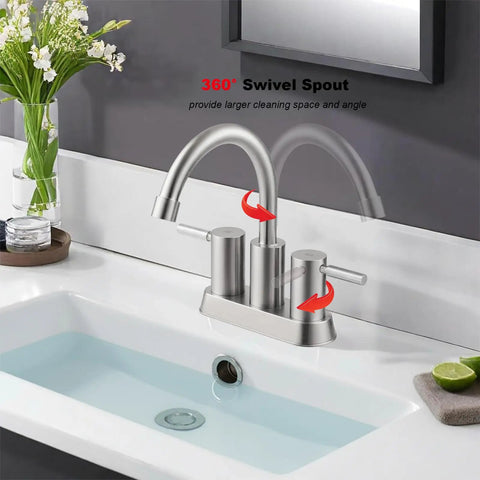 Bathroom sink with Brushed Nickel 2-Handle Centerset Bathroom Faucet With 360 Degree Swivel High Arc Spout Including Pop Up Drain