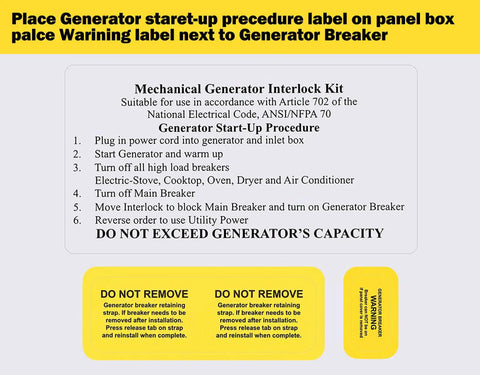 Generator Interlock Kit labels for Square D QO and Homeline panels indoor and outdoor use SD200VL upgrade procedure instructions.