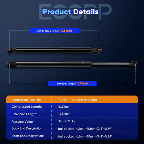 Rear Trunk Lift Supports For BMW 3 Series Set Of 2 Direct Fit Easy Install 323i 325i 325xi 328i 328xi 330i 330xi 335d 335i 335i xDrive 335xi M3 2006 Through 2011 Gas Spring Shocks Replacement, showing product dimensions and pressure specifications