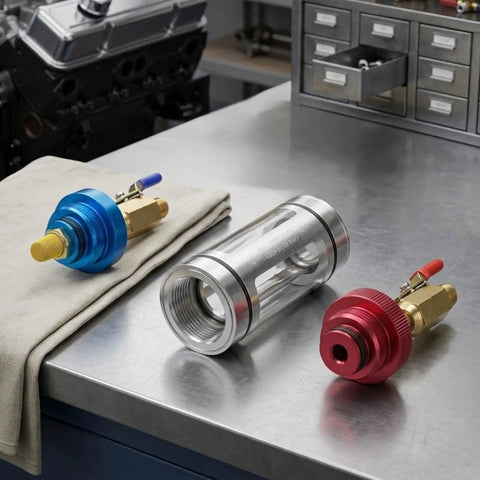 Noteflora Auto AC Maintenance Kit With Visual Oil Filter And Brass Injector Tool, showing blue and red brass connectors.