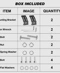 Contents of Universal Adjustable LED Light Bar Mounting Brackets Kit Two Pack Bottom Mount Brackets For 4 Inch To 30 Inch LED Pods