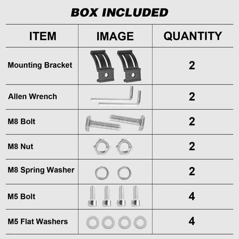 Contents of Universal Adjustable LED Light Bar Mounting Brackets Kit Two Pack Bottom Mount Brackets For 4 Inch To 30 Inch LED Pods