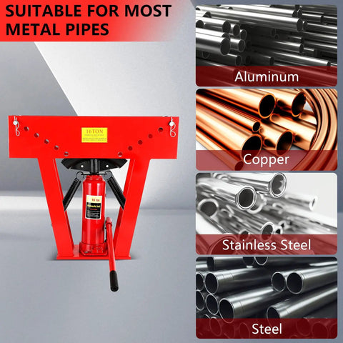 16 Ton Manual Hydraulic Pipe Bender With 45 Steel Frame For Copper And Metal Tubes Includes 8 Dies for various metal pipes.