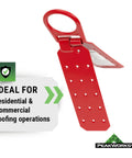 Temporary Roof Anchor Bracket For Heavy Duty Safety And Fall Protection In Roofing Jobs, red stainless steel anchor with label