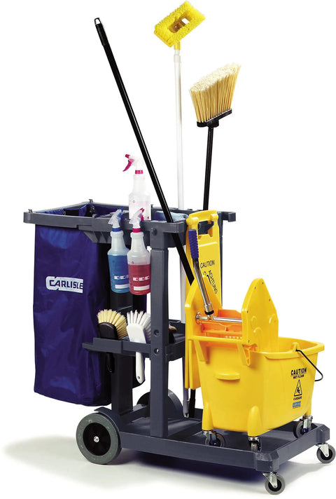 Workhorse Heavy Duty Janitorial Cart 45 Inch Platform With 25 Gallon Trash Bag For Restaurants Hospitals And Schools Plastic Gray With Three Shelf Organization System For Easy Cleanups On The Go