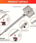 Front view of tungsten carbide core drill bit set with SDS adapter; 4-piece core bits and 7-piece concrete hole saw kit
