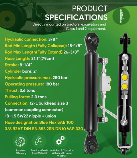 Heavy Duty Hydraulic Top Link Kit For Category One Tractors And Implements With Locking Block Built Tough And Adjustable From 18 1/8 To 26 3/8 Inches Includes Two Hoses And Two Way Check Valve Cylinder For Tractors And Excavators.