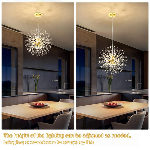 Lit Gold Crystal 9 Light Dandelion Firework Pendant Chandelier With G9 Base in modern dining room setting
