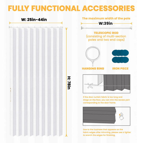 Diagram of Blackout Magnetic Door Curtain Set With Included Curtain Rods For Patio Door And Accordion Doorway White 42W X 78L