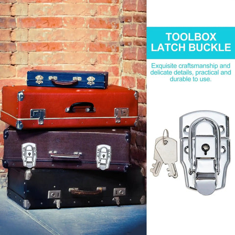 Stack of luggage with 4 Pack Silver Iron Toolbox Lock Buckles With Key Heavy Duty Draw Latch on display brick wall background.
