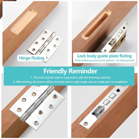 Pro Grade Door Hinge Adjustment Tool Kit With Template Jig And Concealed Hinge Locator For Precise Alignment On Wooden Doors, Hole Slotting Locator For Lock Installations, Lightweight Aluminum Alloy Construction For Easy Woodworking showing hinge fluting and lock body guide plate fluting on wooden door