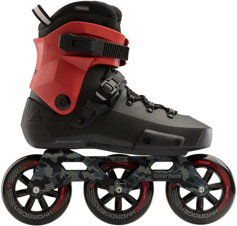 Twister 110 Fitness Inline Skates For Unisex Adults With Urban Performance, side view of black and red skate with 110mm wheels.