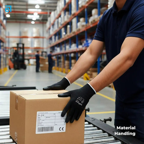 Ride Or Die PU Coated Safety Work Gloves With Breathable Black Nylon Liner For Job Site Toughness And Fingertip Precision In Solid Industrial Protection Gear That Holds Up used for packaging in a warehouse.