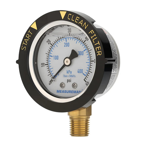 Go-To Stainless Steel Pool Filter Pressure Gauge 0-60 PSI Waterproof With Clean Filter Indicator, 1/4 In NPT Lower Mount