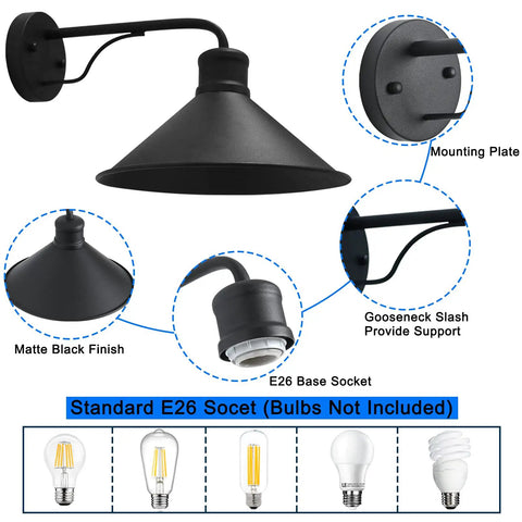 3 Pack Outdoor Wall Lights Wall Mount For Front Porch Matte Black Farmhouse Sconces with E26 Socket and Gooseneck Support
