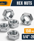 1/4-20 Hex Nuts Set In Stainless Steel 304 For Auto And DIY, SAE Grade Hardware, 150 Pieces In Reusable Box displayed