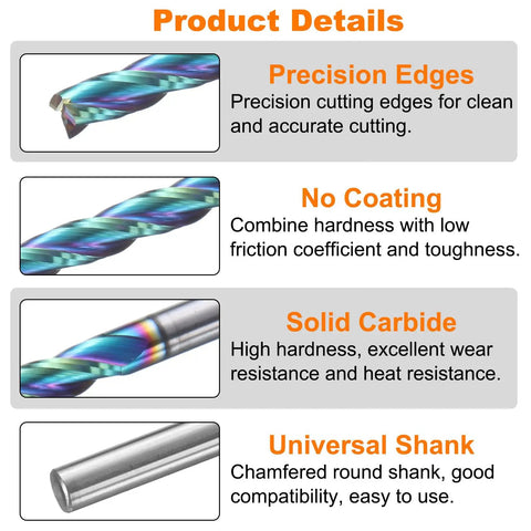 Up Cut Spiral Router Bit Set, 3 Flutes, 1/8 Inch Cutting Diameter, solid carbide detail with precision edges and universal shank
