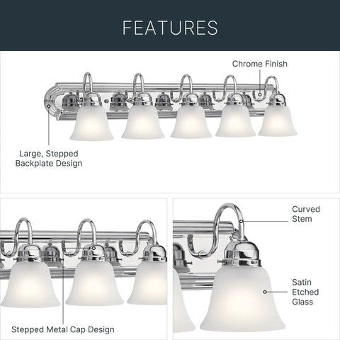 Illustration of Five Light Bathroom Vanity Fixture, Traditional 36-Inch Bar With Satin Etched Glass Shades In Tannery Bronze