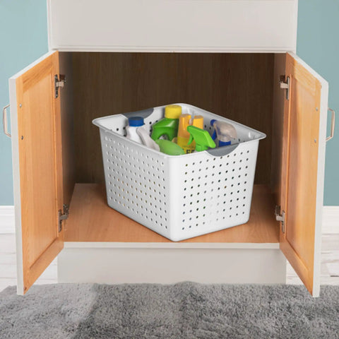 Deep Ultra Open Top Plastic Storage Baskets Six Pack White for cabinets, holding cleaning supplies with easy grab handles