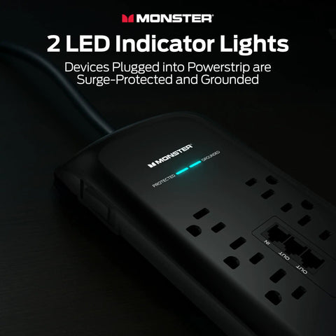 Heavy Duty Surge Protector Power Strip With Eight 120V Outlets And Six Foot Cord, 4050 Joule Badass Reliable Protection showing LED indicator lights.