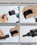 Installation method images showing Pro Level Cordless Electric Rivet Nut Gun And Heavy Duty Battery Powered Automatic Riveter Toolkit With 26V Pack.