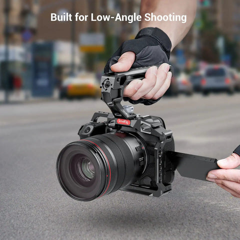 Top Handle With 3 8 16 Locating Pins For ARRI Grip For Camera Cage Universal Video Rig Go To Mount DSLR Microphone LED Light And Monitor Lightweight Aluminum attached to a camera in use