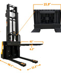 Fully Electric Thin Leg Pallet Stacker With 130 Inch Height Capacity And 3307 Pound Payload, featuring dimensions of 85.6" height and 68.1" length.