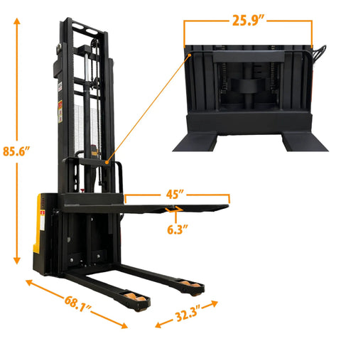 Fully Electric Thin Leg Pallet Stacker With 130 Inch Height Capacity And 3307 Pound Payload, featuring dimensions of 85.6" height and 68.1" length.