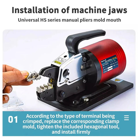 Installation of machine jaws on Mini Pneumatic Crimping Machine for electrical terminals with replaceable dies.