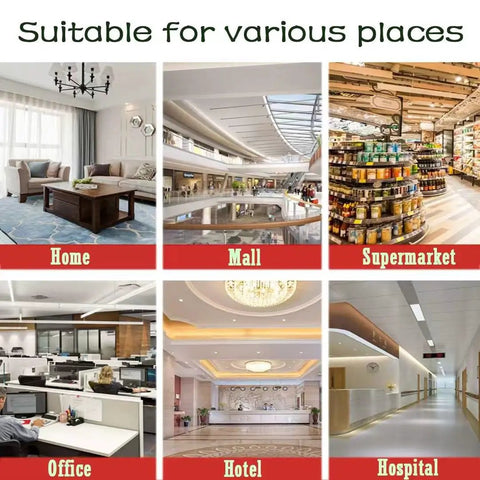 Various locations: home, mall, supermarket, office, hotel, and hospital interiors.