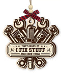 Wooden Gearhead Mechanic Ornament For Christmas Tree Decor Perfect Gift For Dads Husbands Techs And Auto Enthusiasts A Handcrafted Tool Themed Ornament For Car Lovers And Shop Pros showing tools and 'I Fix Stuff' text.