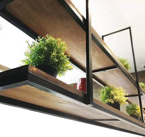Hanging Wine Glass Rack Ceiling Black Bracket With Wooden Shelf Vintage Style Wine Bottle Holder For Bar Kitchen Bedroom