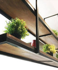 Ceiling Mounted Hanging Wine Glass Rack In Black With Wooden Shelf, plant decoration, side view of overhead storage rack