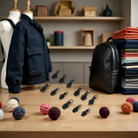12 Piece Zipper Repair Kit With Replacement Sliders And Pulls For Jackets, Clothes And Backpacks on table with fabric and mannequin