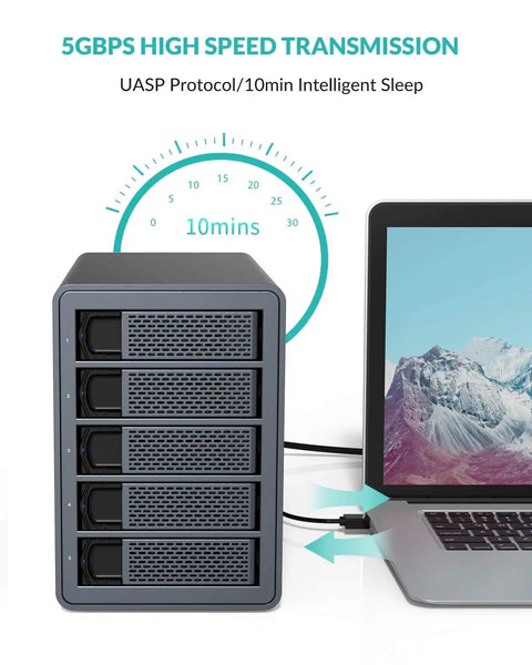 Five Bay Aluminum RAID Hard Drive Enclosure With Usb 3.0 Interface For 3.5 And 2.5 Inch Sata Hdd And Ssd Up To 120Tb Storage Capacity connected to a laptop, displaying USB 3.0 setup.