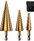 Straight Up High Speed Titanium Coated Step Drill Bit Set with three graduated bits in a holder for clean holes in various materials.