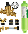 All In One RV Water Hookup Kit With Pressure Regulator Inline Filter Hose Splitter and Connectors