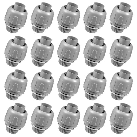 Twenty Pack Half Inch Liquid Tight Connectors Tough As Nails Nylon Flexible Conduit Fittings arranged in grid layout.
