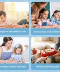 Various children and adults engaging in craft activities; highlights benefits such as improving skills and gifting options