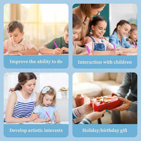 Various children and adults engaging in craft activities; highlights benefits such as improving skills and gifting options