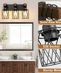 Farmhouse Wood And Black Metal Vanity Light With 3 Lights Over Mirror For A Dope Industrial Cage Shade Look Rustic Restroom Glow And Bathroom Decor E26 Base
