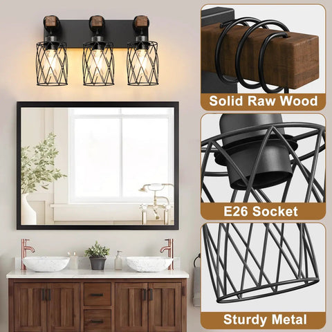 Farmhouse Wood And Black Metal Vanity Light With 3 Lights Over Mirror For A Dope Industrial Cage Shade Look Rustic Restroom Glow And Bathroom Decor E26 Base
